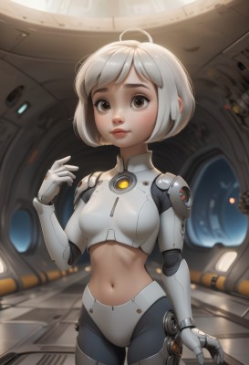 1girl,solo,breasts,looking at viewer,smile,short hair,bangs,gloves,navel,brown eyes,medium breasts,standing,ahoge,white hair,cowboy shot,small breasts,midriff,artist name,stomach,blurry,lips,crop top,bodysuit,blurry background,bob cut,thick eyebrows,freckles,science fiction,nose,mechanical arms,cyborg,blush,closed mouth,indoors,hand up,robot,android,joints,robot joints