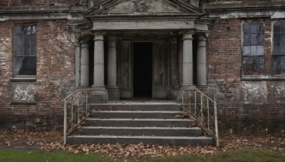 outdoors,day,tree,no humans,window,leaf,grass,building,scenery,stairs,door,autumn leaves,ruins,stone stairs,plant,rain,fence,railing,brick wall,arch,gate,broken window