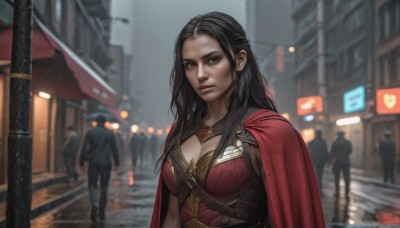 1girl,long hair,breasts,looking at viewer,black hair,cleavage,brown eyes,medium breasts,closed mouth,upper body,outdoors,solo focus,cape,blurry,black eyes,lips,depth of field,blurry background,cleavage cutout,rain,city,realistic,nose,red cape,road,superhero,street,solo,brown hair