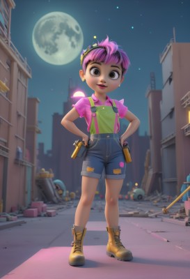 1girl,solo,looking at viewer,smile,short hair,open mouth,bangs,shirt,holding,brown eyes,jewelry,standing,full body,weapon,pink hair,purple hair,short sleeves,multicolored hair,earrings,boots,outdoors,sky,shorts,teeth,collared shirt,artist name,dark skin,holding weapon,flat chest,two-tone hair,dark-skinned female,lips,gun,makeup,night,upper teeth only,brown footwear,moon,suspenders,denim,lipstick,goggles,ground vehicle,building,child,star (sky),holding gun,night sky,motor vehicle,full moon,handgun,cross-laced footwear,starry sky,blue shorts,denim shorts,pink shirt,hands on hips,city,lace-up boots,female child,car,stud earrings,overalls,very short hair,lamppost,yellow footwear,overall shorts,torn clothes,short shorts,watermark,web address,nose,debris,blue overalls