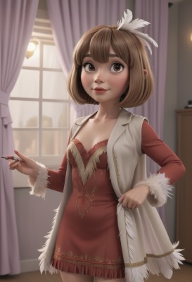 1girl,solo,breasts,looking at viewer,blush,smile,short hair,bangs,brown hair,hair ornament,long sleeves,dress,holding,cleavage,brown eyes,closed mouth,standing,collarbone,cowboy shot,small breasts,indoors,nail polish,lips,coat,fur trim,window,makeup,short dress,red dress,bob cut,feathers,lipstick,curtains,red nails,freckles,red lips,feather hair ornament,artist name,thick eyebrows