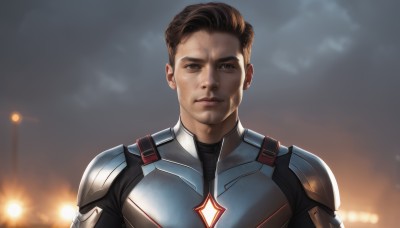 solo,looking at viewer,brown hair,1boy,brown eyes,closed mouth,upper body,male focus,sky,armor,blurry,blurry background,realistic,superhero,short hair,outdoors,lips,bodysuit,portrait