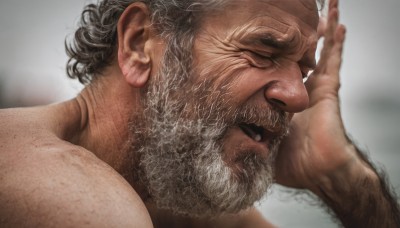 solo,open mouth,1boy,closed eyes,white hair,grey hair,male focus,hand up,blurry,from side,profile,blurry background,facial hair,portrait,beard,realistic,mustache,manly,old,old man,arm hair,wrinkled skin,smile,short hair,simple background,teeth,grey background,thick eyebrows,close-up