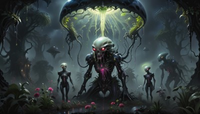 1girl,red eyes,standing,flower,outdoors,teeth,pointy ears,armor,tree,bodysuit,night,glowing,grass,plant,robot,sharp teeth,nature,glowing eyes,claws,tentacles,forest,science fiction,rain,monster,giant,mushroom,extra eyes,alien,eldritch abomination,sky,no humans,scenery,creature,fog,power suit (metroid)