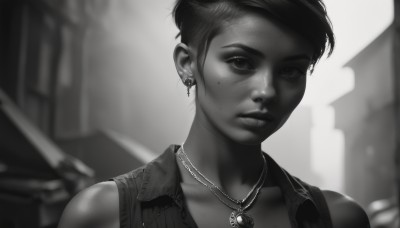 1girl,solo,looking at viewer,short hair,bangs,shirt,bare shoulders,jewelry,closed mouth,collarbone,monochrome,upper body,greyscale,earrings,sleeveless,dark skin,necklace,mole,blurry,vest,lips,mole under eye,blurry background,piercing,ear piercing,portrait,freckles,realistic,nose,very short hair,undercut,shiny,artist name,shiny hair