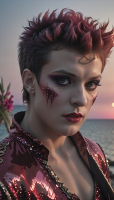 1girl,solo,looking at viewer,short hair,brown hair,brown eyes,jewelry,jacket,upper body,flower,red hair,earrings,outdoors,parted lips,water,blurry,lips,grey eyes,eyelashes,blood,makeup,depth of field,blurry background,ocean,scar,beach,piercing,lipstick,portrait,zipper,sunset,realistic,nose,red lips,shirt,black hair,1boy,green eyes,male focus,sky,artist name,blood on face,facepaint