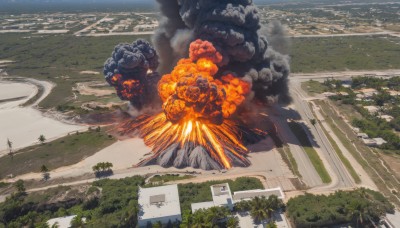 outdoors,day,water,tree,no humans,ocean,fire,ground vehicle,building,nature,scenery,motor vehicle,smoke,monster,city,sign,road,explosion,street,river,burning,destruction,military,beach,palm tree,military vehicle,car,bush