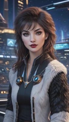 1girl,solo,long hair,breasts,looking at viewer,smile,brown hair,shirt,brown eyes,jewelry,jacket,upper body,earrings,outdoors,parted lips,open clothes,sky,belt,necklace,blurry,lips,coat,fur trim,black shirt,makeup,night,depth of field,blurry background,lipstick,building,night sky,freckles,realistic,nose,hands in pockets,red lips,fur coat,bangs,long sleeves,medium breasts,collarbone,artist name,eyelashes,gem,star (sky),pendant,eyeshadow,backlighting,city,stud earrings,cityscape,mascara,city lights