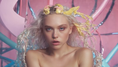 1girl,solo,long hair,looking at viewer,blue eyes,hair ornament,bare shoulders,collarbone,upper body,flower,grey hair,nude,parted lips,blurry,lips,eyelashes,portrait,forehead,freckles,science fiction,realistic,nose,cable,cyberpunk,open mouth,blonde hair,teeth,makeup,floating hair,pink background