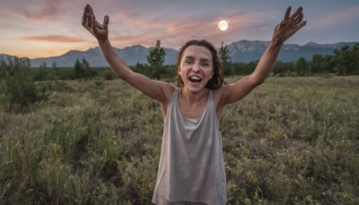 1girl,solo,looking at viewer,smile,open mouth,blue eyes,brown hair,dress,outdoors,sky,teeth,sleeveless,cloud,armpits,white dress,arms up,tree,night,moon,grass,outstretched arms,child,nature,full moon,forest,mountain,realistic,field,mountainous horizon,short hair,upper body,tank top,scenery,spread arms,sun,horror (theme),hill