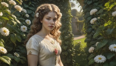 1girl,solo,long hair,breasts,looking at viewer,blonde hair,brown hair,hair ornament,dress,brown eyes,jewelry,collarbone,upper body,braid,flower,short sleeves,outdoors,parted lips,day,hair flower,necklace,white dress,lips,leaf,wavy hair,sunlight,plant,white flower,nature,curly hair,realistic,nose,pillar,arch,garden,tree