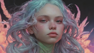 1girl,solo,long hair,looking at viewer,jewelry,closed mouth,green eyes,blue hair,earrings,artist name,lips,eyelashes,aqua hair,wavy hair,expressionless,feathers,portrait,forehead,freckles,realistic,nose,parted lips,floating hair,looking up,close-up