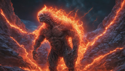 solo, 1boy, standing, outdoors, sky, no humans, muscular, night, glowing, fire, glowing eyes, claws, monster, rock, mountain, molten rock, kaijuu