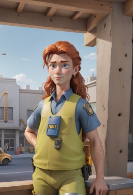 1girl,solo,long hair,looking at viewer,blue eyes,brown hair,shirt,jewelry,short sleeves,earrings,outdoors,sky,day,collared shirt,pants,artist name,cloud,orange hair,uniform,vest,blue sky,lips,window,thick eyebrows,blue shirt,ground vehicle,building,motor vehicle,freckles,pouch,city,realistic,car,holster,police,dirty,police uniform,policewoman,bulletproof vest,walkie-talkie,standing,red hair,cowboy shot,shorts,solo focus,hand on hip,wavy hair,nose,blue vest