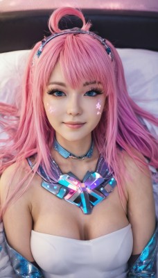 1girl,solo,long hair,breasts,looking at viewer,smile,bangs,blue eyes,dress,cleavage,bare shoulders,jewelry,medium breasts,closed mouth,upper body,pink hair,ahoge,hairband,choker,necklace,white dress,lips,eyelashes,strapless,bed,makeup,facial mark,strapless dress,realistic,nose,straight-on,star (symbol),on bed,gem