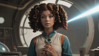 1girl,solo,looking at viewer,blue eyes,brown hair,jewelry,upper body,weapon,sword,indoors,dark skin,dark-skinned female,lips,drill hair,own hands together,robot,science fiction,curly hair,realistic,nose,candle,energy sword,afro,lightsaber,short hair,hair ornament,dress,earrings,watermark,ring