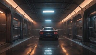 indoors,no humans,ground vehicle,scenery,motor vehicle,reflection,car,light,vehicle focus,train,train station,seat,window,door,tiles,tile floor,reflective floor,vanishing point