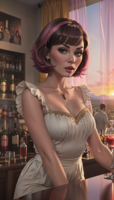 1girl,breasts,looking at viewer,blush,short hair,bangs,large breasts,brown hair,1boy,dress,cleavage,brown eyes,jewelry,medium breasts,collarbone,pink hair,multicolored hair,earrings,frills,parted lips,teeth,sleeveless,solo focus,indoors,necklace,white dress,apron,two-tone hair,cup,lips,streaked hair,eyelashes,window,makeup,sleeveless dress,formal,table,bottle,lipstick,curtains,pendant,alcohol,drinking glass,realistic,nose,red lips,glass,wine glass,wine,wine bottle,bar (place),counter,sitting,hairband,sunlight,thick eyebrows,sunset