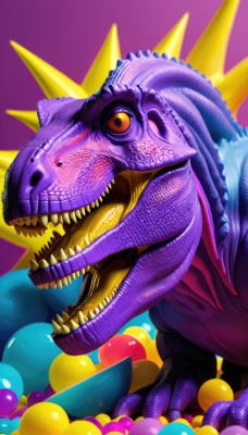 solo,looking at viewer,open mouth,simple background,red eyes,teeth,tongue,orange eyes,no humans,fangs,sharp teeth,spikes,purple background,monster,realistic,scales,dinosaur,yellow eyes,pokemon (creature),colored skin,claws,colored sclera,purple skin