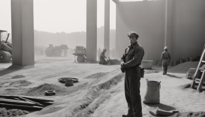 shirt,gloves,long sleeves,1boy,hat,standing,monochrome,weapon,greyscale,male focus,outdoors,multiple boys,necktie,pants,indoors,2boys,uniform,gun,military,military uniform,3boys,ground vehicle,scenery,motor vehicle,4boys,military hat,military vehicle,car,tank,police,police uniform,soldier,truck,multiple others