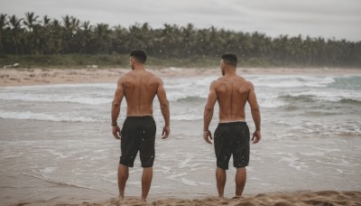 short hair,black hair,jewelry,standing,full body,male focus,outdoors,multiple boys,shorts,barefoot,dark skin,2boys,water,from behind,tree,muscular,facial hair,ocean,back,scar,beach,black shorts,dark-skinned male,muscular male,beard,walking,topless male,sand,arms at sides,facing away,male swimwear,swim trunks,bara,very short hair,undercut,buzz cut