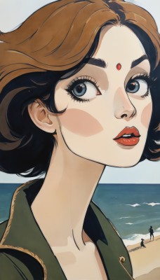 1girl,solo,looking at viewer,short hair,blue eyes,multiple girls,brown hair,black hair,jacket,outdoors,parted lips,sky,solo focus,day,cloud,water,lips,looking to the side,makeup,shadow,ocean,beach,blush stickers,lipstick,portrait,sand,red lips,forehead jewel,eyelashes,green jacket