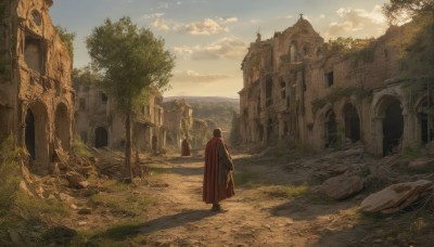 solo,1boy,standing,male focus,outdoors,sky,day,cloud,from behind,cape,tree,cloudy sky,grass,building,scenery,rock,red cape,facing away,ruins,wide shot,statue,ambiguous gender,fantasy,arch