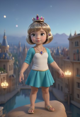 1girl,solo,looking at viewer,short hair,skirt,brown hair,shirt,dress,brown eyes,jewelry,standing,full body,outdoors,sky,day,necklace,blurry,bracelet,blue sky,lips,blue skirt,toes,blurry background,sandals,crown,building,gem,child,female child,smile,bangs,blonde hair,hair ornament,collarbone,short sleeves,hairband,earrings,parted lips,artist name,miniskirt,water,nail polish,flat chest,window,bell,watermark,tiara,web address,toenails,realistic,raglan sleeves,town