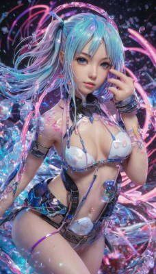 1girl,solo,long hair,breasts,looking at viewer,smile,bangs,blue eyes,navel,bare shoulders,jewelry,medium breasts,blue hair,swimsuit,bikini,multicolored hair,cowboy shot,parted lips,shiny,hand up,bracelet,lips,tattoo,thigh strap,white bikini,piercing,armlet,realistic,nose,navel piercing,water,watermark