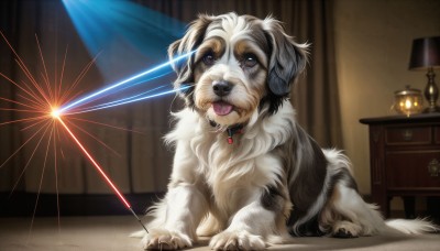 HQ,solo,brown eyes,sitting,tongue,indoors,tongue out,collar,no humans,animal,dog,realistic,lamp,animal focus,playing,looking at viewer,open mouth,blue eyes,signature,blurry,glowing,fangs,gem,light,laser