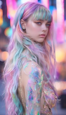 1girl,solo,long hair,breasts,looking at viewer,bangs,blue eyes,jewelry,medium breasts,closed mouth,blue hair,upper body,pink hair,multicolored hair,earrings,choker,blunt bangs,necklace,blurry,bracelet,from side,two-tone hair,lips,eyelashes,aqua hair,sideboob,tattoo,gradient hair,makeup,depth of field,blurry background,wavy hair,topless,piercing,eyeshadow,realistic,nose,arm tattoo,bokeh,mascara,dress,bare shoulders,streaked hair,watermark,gem,backless outfit