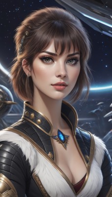 1girl,solo,breasts,looking at viewer,short hair,bangs,brown hair,hair ornament,cleavage,brown eyes,jewelry,medium breasts,closed mouth,upper body,earrings,artist name,necklace,lips,fur trim,makeup,star (sky),pendant,freckles,realistic,nose,red lips,space,planet,spacecraft,green eyes,eyelashes,gem