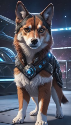 solo,looking at viewer,brown eyes,standing,full body,sky,collar,no humans,night,animal,star (sky),night sky,science fiction,dog,realistic,animal focus,closed mouth,glowing,watermark,web address,shiba inu