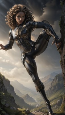 1girl,solo,long hair,breasts,looking at viewer,brown hair,gloves,brown eyes,standing,full body,outdoors,sky,cloud,signature,dark skin,fingerless gloves,armor,dark-skinned female,tree,lips,bodysuit,leg up,standing on one leg,cloudy sky,nature,skin tight,curly hair,mountain,fantasy,black bodysuit,leg lift,dreadlocks,smile,medium breasts,boots,parted lips,watermark,sunlight,grass,realistic,cliff