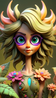 1girl,solo,looking at viewer,short hair,blonde hair,bare shoulders,closed mouth,green eyes,collarbone,upper body,flower,small breasts,green hair,lips,gradient,gradient background,eyelashes,makeup,leaf,plant,lipstick,monster girl,pink flower,eyeshadow,green background,breasts,simple background,hair ornament,multicolored hair,artist name,hair flower,spiked hair,facepaint,vines,plant girl,green sclera