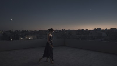 1girl,solo,short hair,black hair,dress,bare shoulders,jewelry,outdoors,sky,barefoot,sleeveless,hair bun,black dress,bare arms,night,sleeveless dress,moon,single hair bun,star (sky),night sky,scenery,walking,city,cityscape,crescent moon,rooftop,city lights,skyline,holding,standing,from side,profile,building,starry sky,wide shot