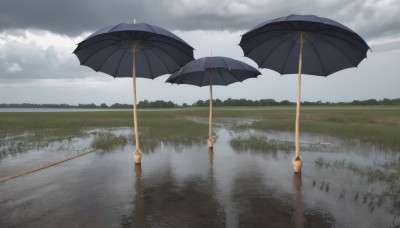 outdoors,sky,day,cloud,water,blue sky,no humans,umbrella,cloudy sky,grass,scenery,reflection,rain,road,puddle,grey sky,reflective water,1girl,solo,holding umbrella,field,lamppost,lake