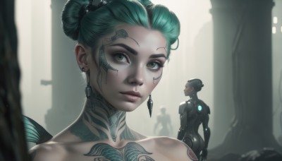 1girl,looking at viewer,short hair,multiple girls,2girls,jewelry,green eyes,collarbone,earrings,green hair,solo focus,hair bun,blurry,lips,tattoo,blurry background,facial mark,single hair bun,portrait,science fiction,nose,android,cyborg,cyberpunk,neck tattoo,ass,eyelashes,bodysuit,makeup,facial tattoo,updo