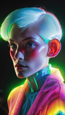 1girl,solo,looking at viewer,short hair,simple background,green eyes,jacket,upper body,white hair,parted lips,lips,bodysuit,makeup,glowing,turtleneck,black background,portrait,science fiction,realistic,nose,cyborg,lip biting,cyberpunk,blush,artist name,eyelashes,watermark,looking away,web address,backlighting,light