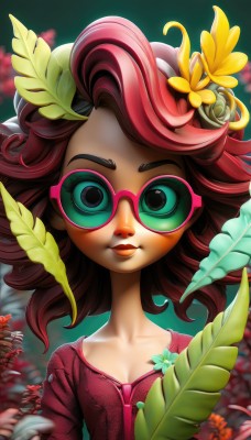 1girl,solo,breasts,looking at viewer,smile,brown hair,hair ornament,cleavage,green eyes,collarbone,upper body,flower,red hair,small breasts,parted lips,glasses,artist name,hair flower,blurry,lips,eyelashes,makeup,depth of field,leaf,watermark,sunglasses,feathers,plant,lipstick,web address,tinted eyewear,long hair,blue eyes,curly hair