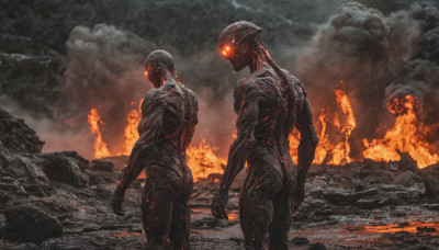 outdoors, multiple boys, sky, cloud, 2boys, glowing, cloudy sky, fire, glowing eyes, science fiction, rain