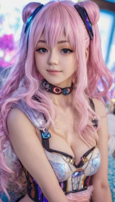 1girl,solo,long hair,breasts,looking at viewer,smile,bangs,blue eyes,hair ornament,cleavage,bare shoulders,medium breasts,collarbone,upper body,pink hair,sleeveless,choker,hair bun,blurry,black eyes,lips,double bun,wavy hair,realistic