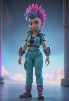 1girl,solo,breasts,looking at viewer,smile,short hair,shirt,brown eyes,jewelry,closed mouth,blue hair,standing,jacket,full body,pink hair,short sleeves,multicolored hair,earrings,boots,open clothes,belt,pants,artist name,dark skin,blurry,black eyes,bracelet,two-tone hair,open jacket,dark-skinned female,streaked hair,blurry background,piercing,spiked hair,blue jacket,ear piercing,cropped jacket,blue pants,undercut,mohawk