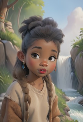 1girl,solo,long hair,looking at viewer,blush,brown hair,shirt,black hair,brown eyes,jewelry,white shirt,upper body,braid,earrings,outdoors,parted lips,sky,teeth,day,dark skin,water,necklace,twin braids,dark-skinned female,tree,blue sky,lips,grass,hair over shoulder,forehead,freckles,rock,nose,waterfall,collarbone,jacket,artist name,makeup,thick eyebrows,nature