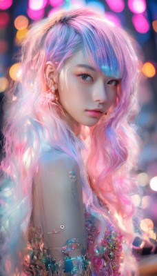 1girl,solo,long hair,looking at viewer,bangs,dress,brown eyes,jewelry,closed mouth,blue hair,upper body,pink hair,multicolored hair,earrings,artist name,blurry,black eyes,from side,lips,gradient hair,makeup,depth of field,blurry background,watermark,wavy hair,web address,realistic,nose,bare shoulders,purple hair,parted lips,blunt bangs,looking to the side,eyelashes,gem,veil,lens flare,hand on own face,eyeshadow,hand on own cheek,bokeh