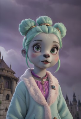 1girl,solo,looking at viewer,blush,smile,short hair,open mouth,jewelry,green eyes,jacket,upper body,outdoors,parted lips,green hair,sky,teeth,cloud,necklace,hair bun,lips,coat,fur trim,eyelashes,double bun,makeup,cloudy sky,building,child,furry,forehead,freckles,hands in pockets,furry female,female child,castle,buck teeth