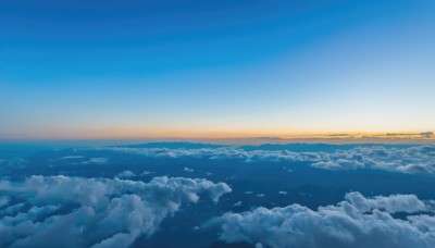 outdoors,sky,day,cloud,water,blue sky,no humans,bird,ocean,cloudy sky,scenery,horizon,landscape,above clouds,sunset,blue theme,sun