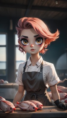 1girl,solo,looking at viewer,blush,short hair,brown hair,shirt,gloves,brown eyes,jewelry,closed mouth,yellow eyes,white shirt,upper body,pink hair,short sleeves,earrings,black gloves,collared shirt,artist name,indoors,blurry,apron,lips,eyelashes,makeup,depth of field,blurry background,thick eyebrows,knife,child,freckles,fish,female child,black apron,food,animal,aged down,mascara