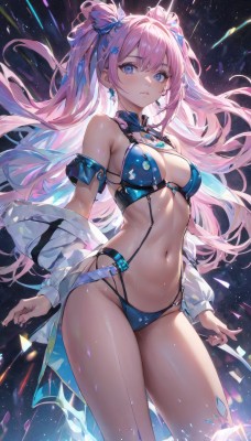 1girl,solo,long hair,breasts,looking at viewer,blush,bangs,blue eyes,large breasts,hair ornament,long sleeves,navel,cleavage,bare shoulders,twintails,jewelry,medium breasts,very long hair,closed mouth,blue hair,standing,jacket,swimsuit,pink hair,bikini,thighs,multicolored hair,cowboy shot,earrings,open clothes,shiny,off shoulder,stomach,hair bun,open jacket,two side up,shiny skin,double bun,detached collar,floating hair,highleg,white jacket,revealing clothes,string bikini,blue bikini,multi-strapped bikini,sidelocks,parted lips,nail polish,lips,see-through,expressionless,highleg bikini