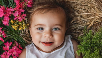 1girl,solo,long hair,looking at viewer,smile,open mouth,blue eyes,blonde hair,brown hair,upper body,flower,lying,teeth,sleeveless,on back,lips,fangs,grass,plant,child,portrait,pink flower,realistic,straw hat,red lips,forehead,female child